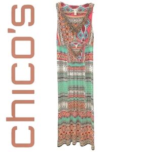 CHICO'S Colorful Aztec Tribal Print Beaded Bodice Sleeveless Maxi Dress Sz 8/MED